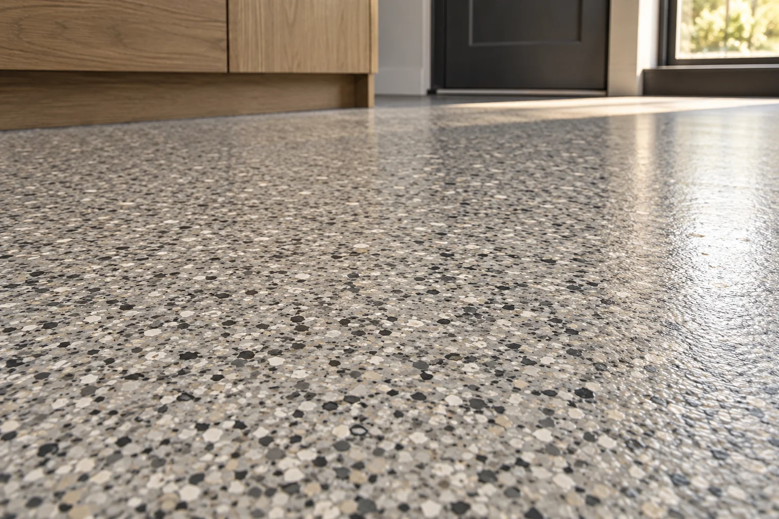AI-generated close-up concept of a warm gray flake floor