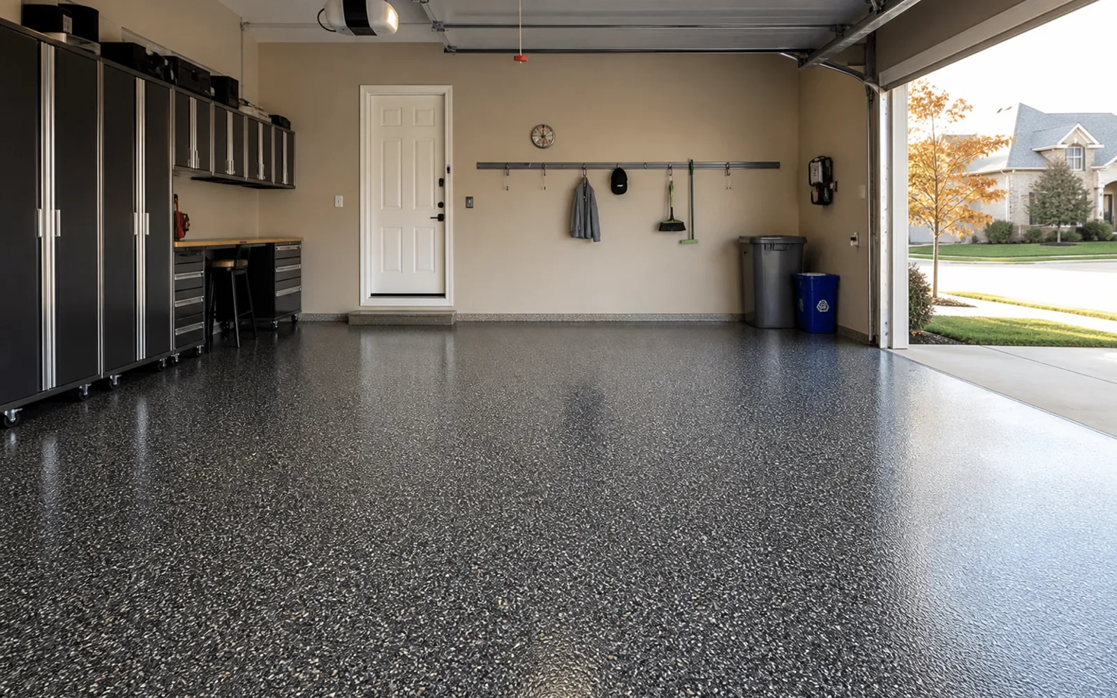 Illustrative garage with a decorative flake floor
